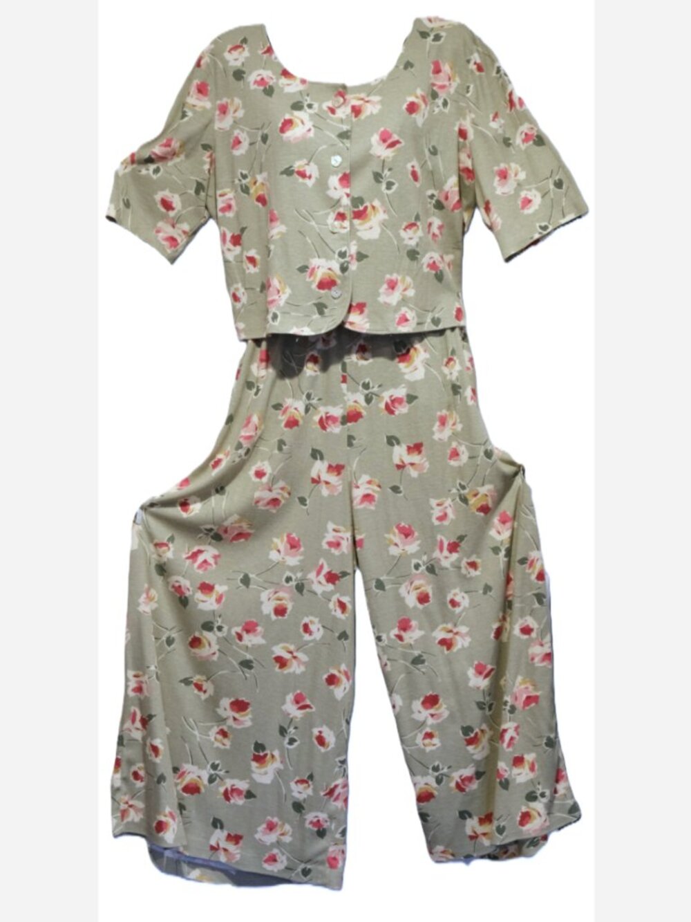 Handmade Vintage 90s Floral Gaucho Set | Teal Pink Flowers | Cropped Top & Wide